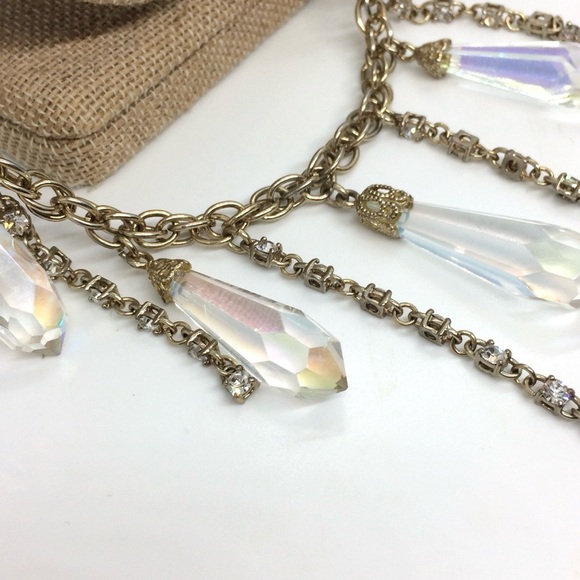 VINTAGE ANN TAYLOR AB AURORA BOREALIS BEAD CHAIN DANGLE NECKLACE GOLD TONE BELT - Picture 8 of 15